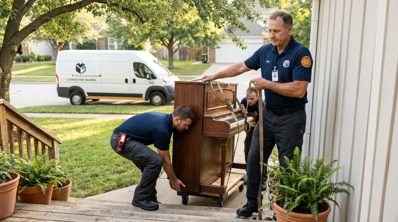Licensed piano movers securing grand piano in Moscow Mills, MO