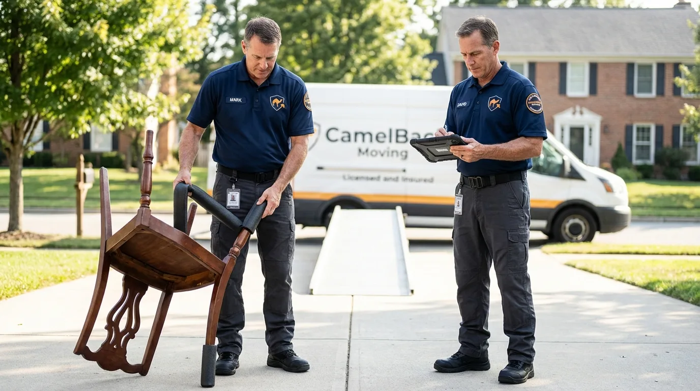 Movers inspecting furniture for damage prevention before loading in Moscow Mills, MO